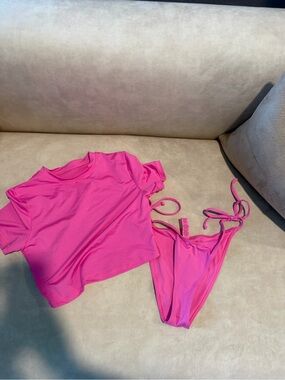 Skims Swim Bright Pink & Black Bikini Set with Crop Top
